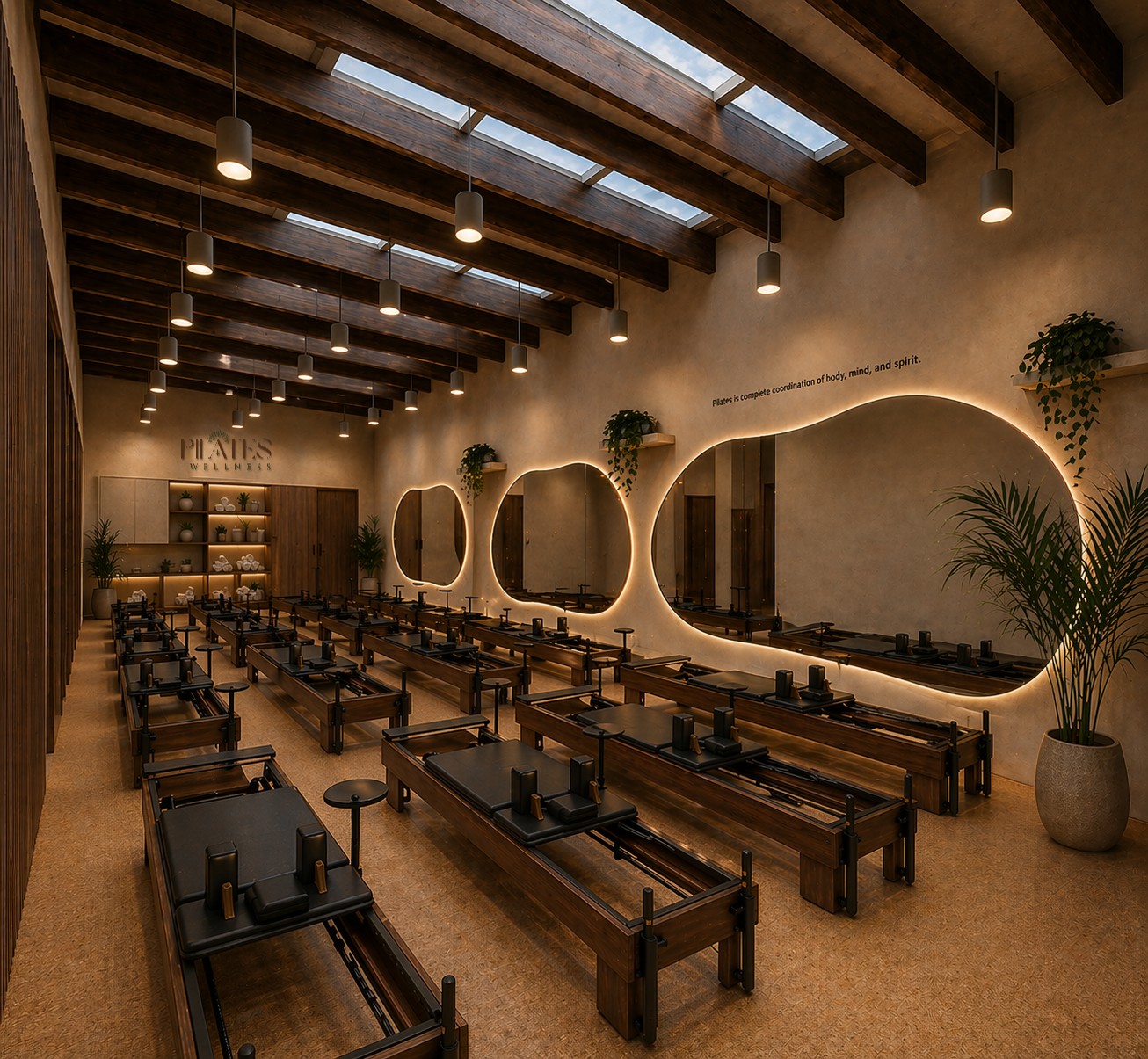 Reformer Pilates studio with wood reformers and living plants at Pilates at the Plant in EaDo, Houston