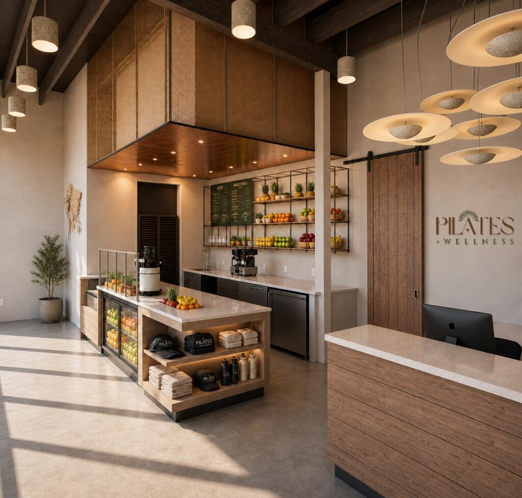 Reception desk and Boost and Balance Juice Bar at Pilates at the Plant Pilates studio in EaDo, Houston